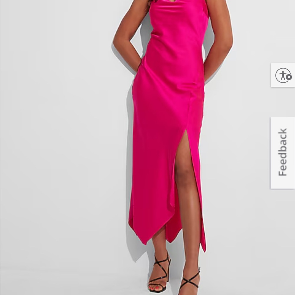 Conscious Edit Satin Cowl Neck Asymmetrical Hem Maxi Slip Dress